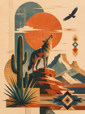 Stylized Howling Coyote Southwestern Matted Art Print - Wholesale Retail Decor