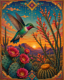 Stylized Hummingbird Southwestern Matted Art Print - Wholesale Retail Decor