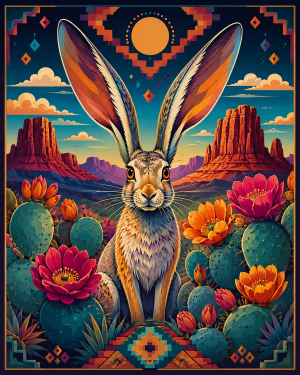 Stylized Jackrabbit Southwestern Matted Art Print - Wholesale Retail Decor