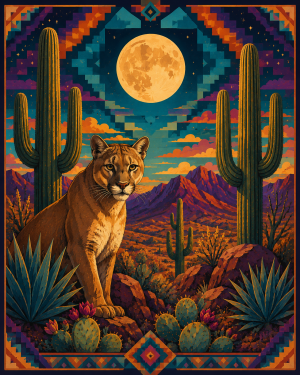Stylized Mountain Lion Southwestern Matted Art Print - Wholesale Retail Decor