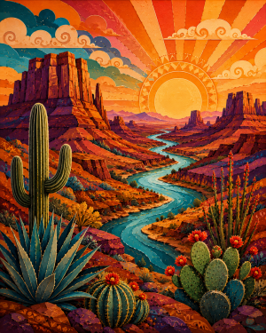 Stylized Sonoran Desert River Southwestern Matted Art Print - Wholesale Retail Decor