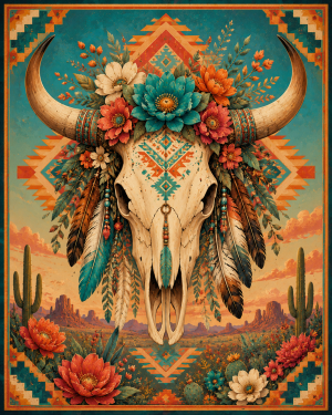 Stylized Steer Skull Southwestern Matted Art Print - Wholesale Retail Decor