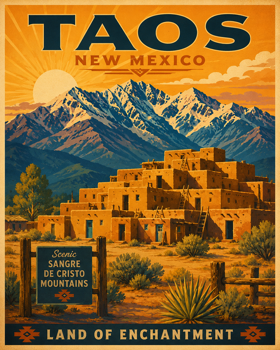 Taos Pueblo Matted Artwork - Wholesale New Mexico Home Decor