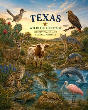Texas-Wildlife-Heritage-Collage-Matted-Art-PrintQQDesert-Plains-and-Coastal-Animals