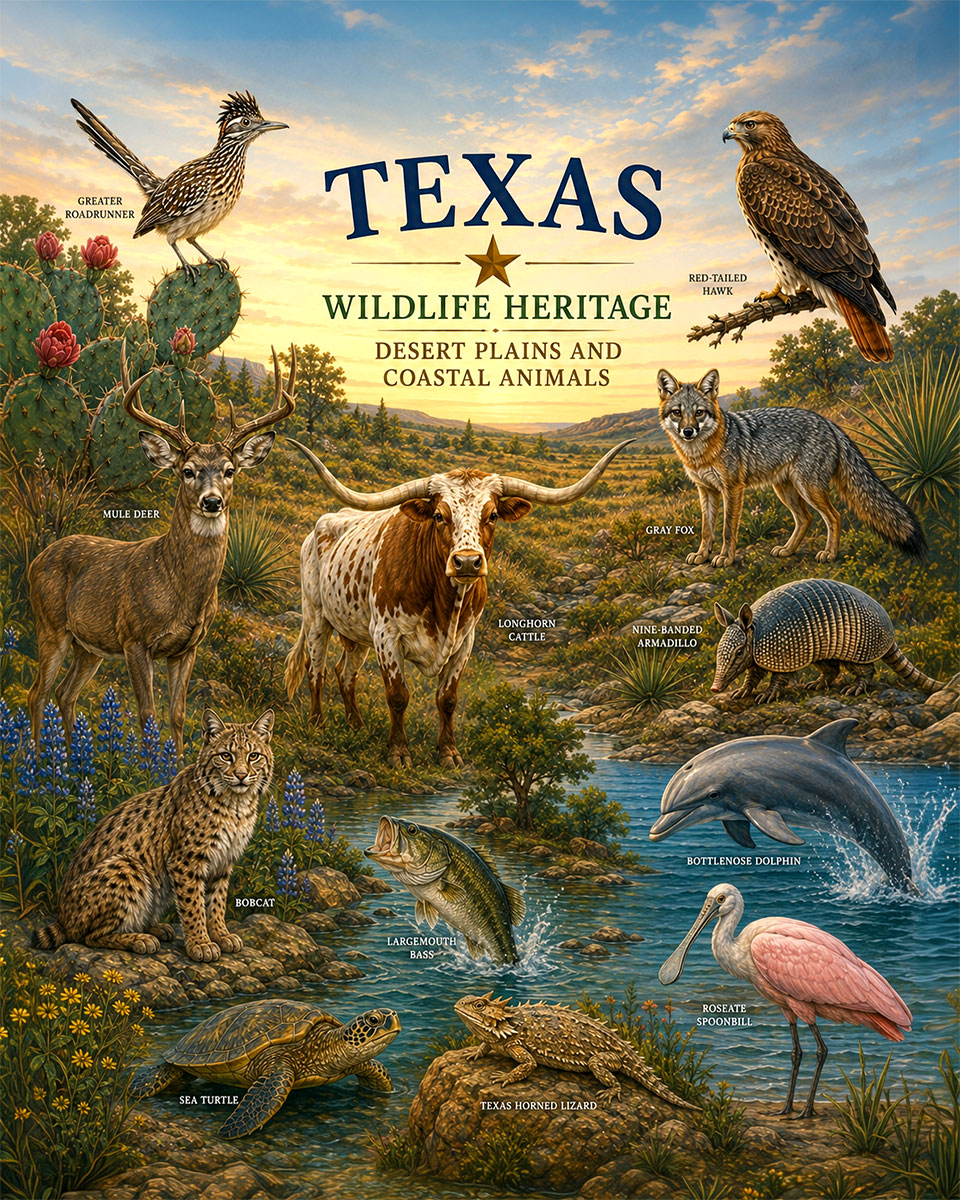 Texas-Wildlife-Heritage-Collage-Matted-Art-PrintQQDesert-Plains-and-Coastal-Animals