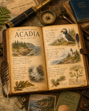 The Explorer's Journal Acadia Matted Art Print - Vintage Coastal Expedition Art