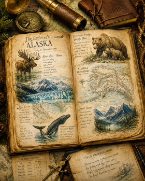 The Explorer's Journal Alaska Matted Art Print - Vintage Naturalist Expedition Art