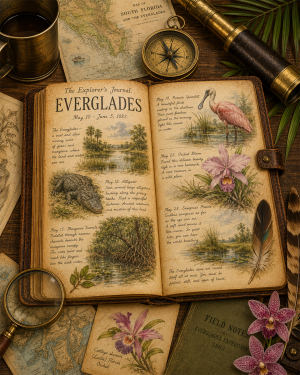 The Explorer's Journal Everglades Matted Art Print - Vintage Naturalist Art