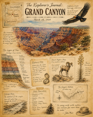 The Explorer's Journal Grand Canyon Matted Art Print - Vintage Exploration Art
