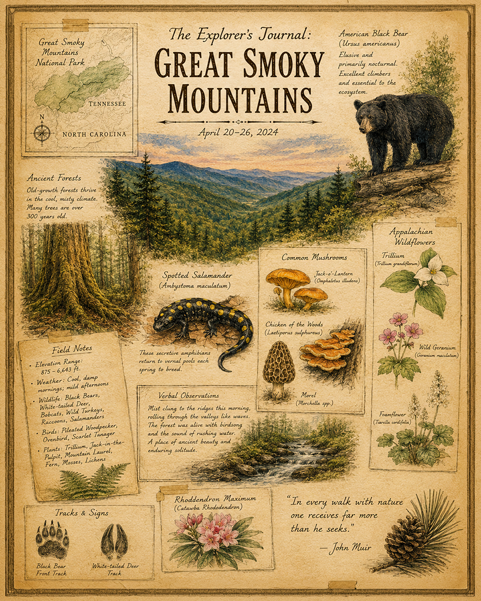 The Explorer's Journal Great Smoky Mountains Matted Art Print - Vintage Wilderness Art