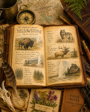 The Explorer's Journal Yellowstone Matted Art Print - Vintage Expedition Art