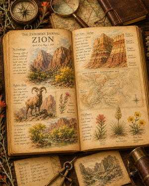 The Explorer's Journal Zion Matted Art Print - Vintage Expedition Journal Art