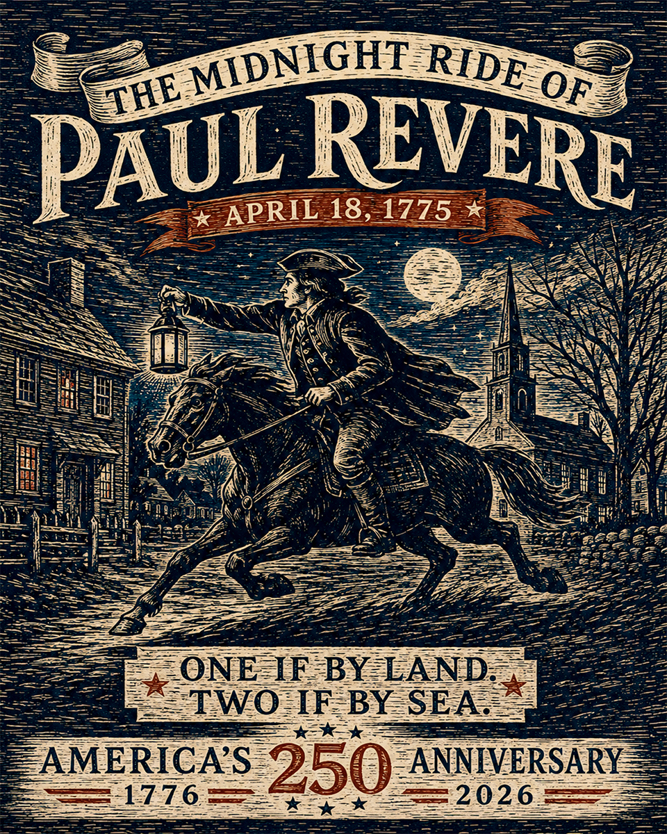 The Midnight Ride of Paul Revere Woodblock Print Style Matted Art Print - America's 250th Anniversary.