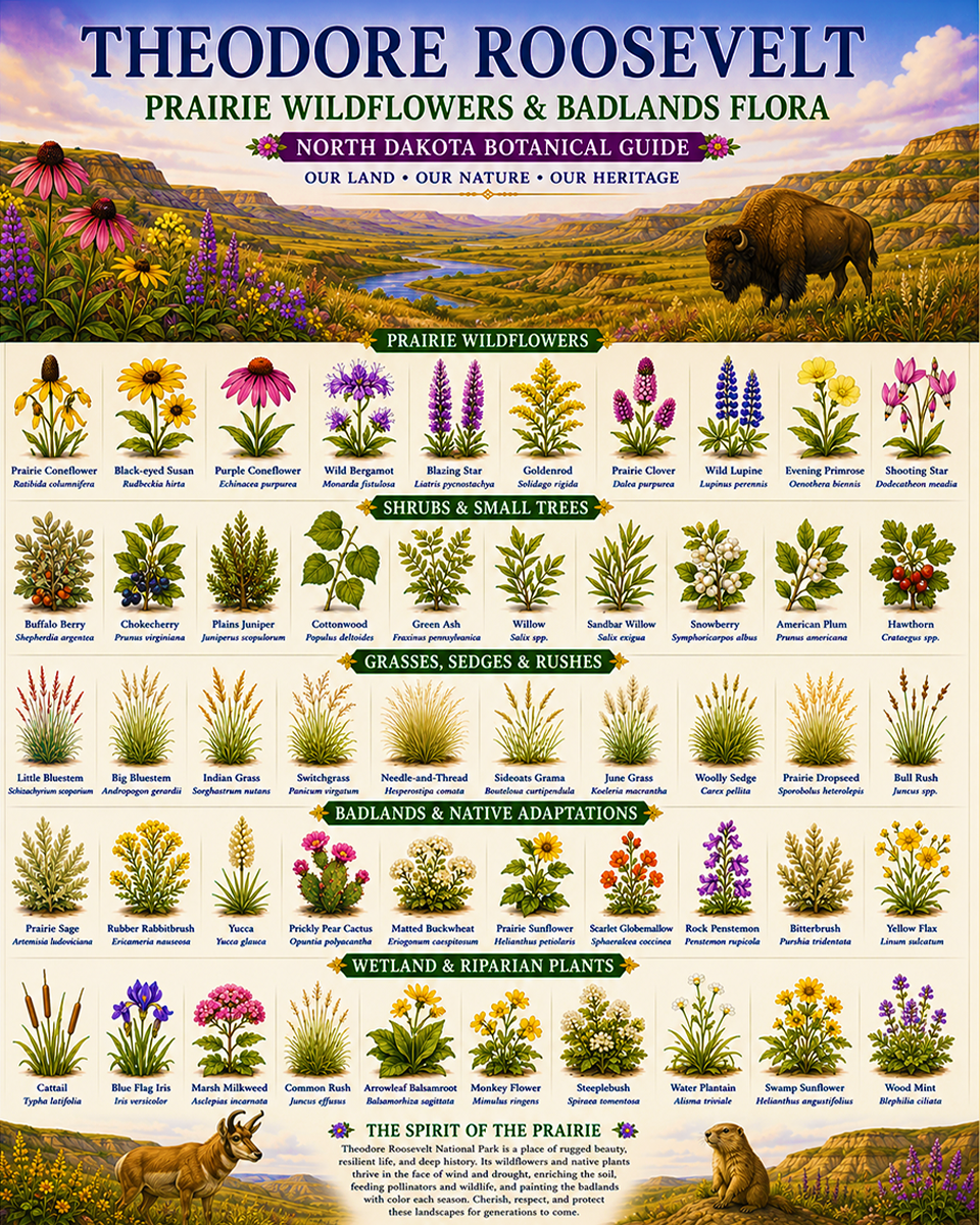 Theodore Roosevelt Prairie Wildflowers & Badlands Flora Chart Matted Art Print - North Dakota Botanical Guide