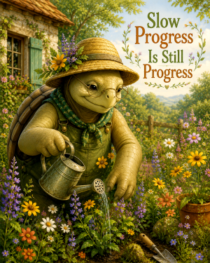 Tortoise Garden Wall Art Matted Art Print - Cottagecore Animal Decor with Inspirational Saying