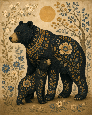 Traditional Rosemaling Influence Ornamental Black Bear with Cub Canvas Print capturing the Charm of Telemark and Hallingdal Norwegian Folk Art Styles - Matted Art Print