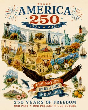 United States Map Collage of Diverse Regional Icons Matted Print - America's 250th Anniversary