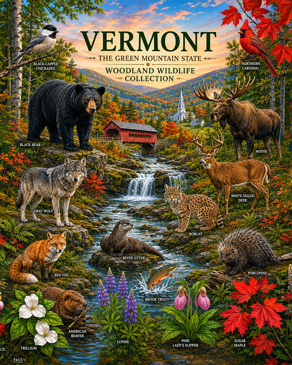 Vermont-Woodland-Wildlife-Collection-Matted-Art-PrintQQNew-England-Nature-Art