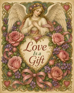Vintage Angel Romance Wall Art Matted Art Print - Love Is a Gift Valentine Decor