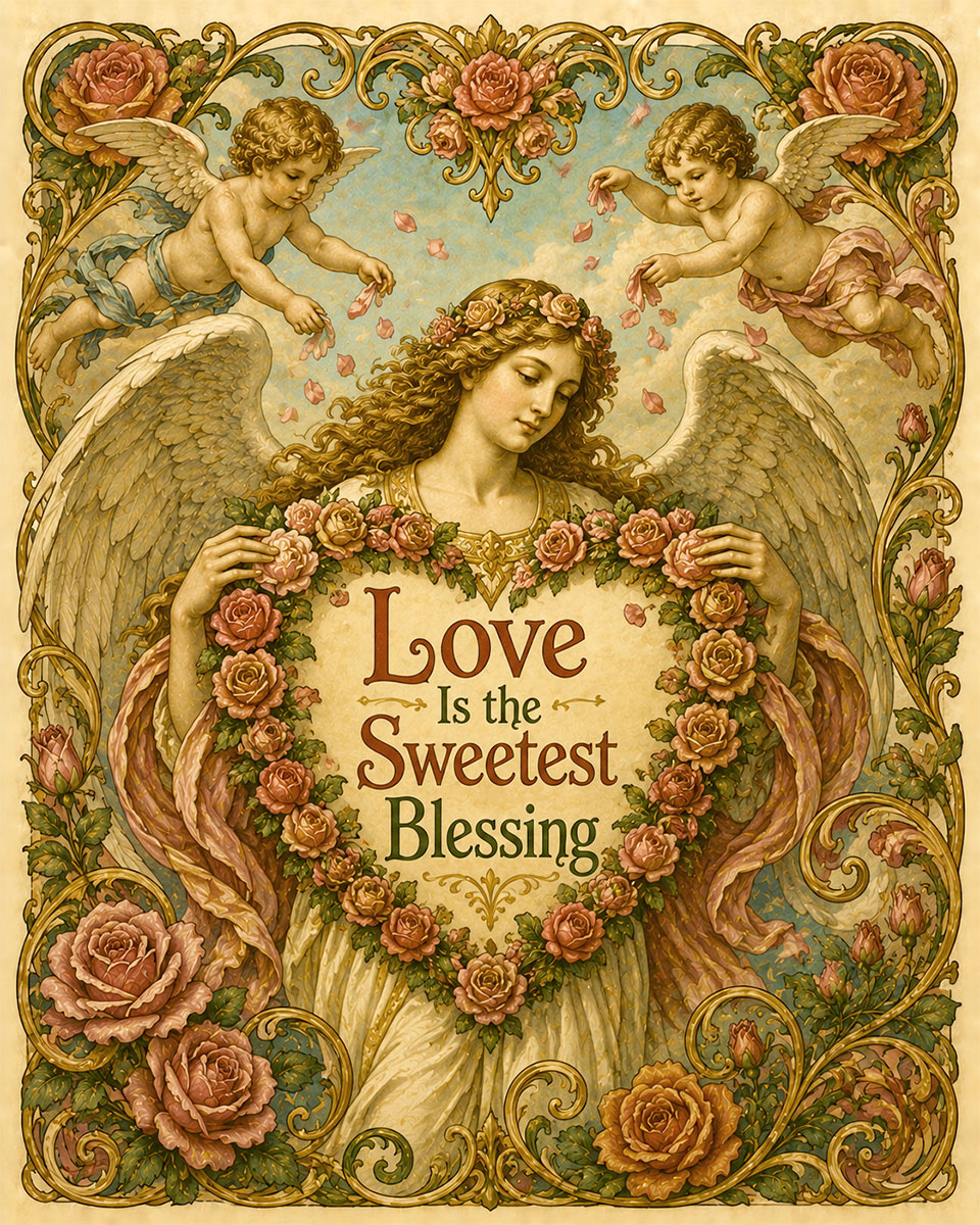 Vintage Angel Valentine Wall Art Matted Art Print - Love Is the Sweetest Blessing Romantic Decor