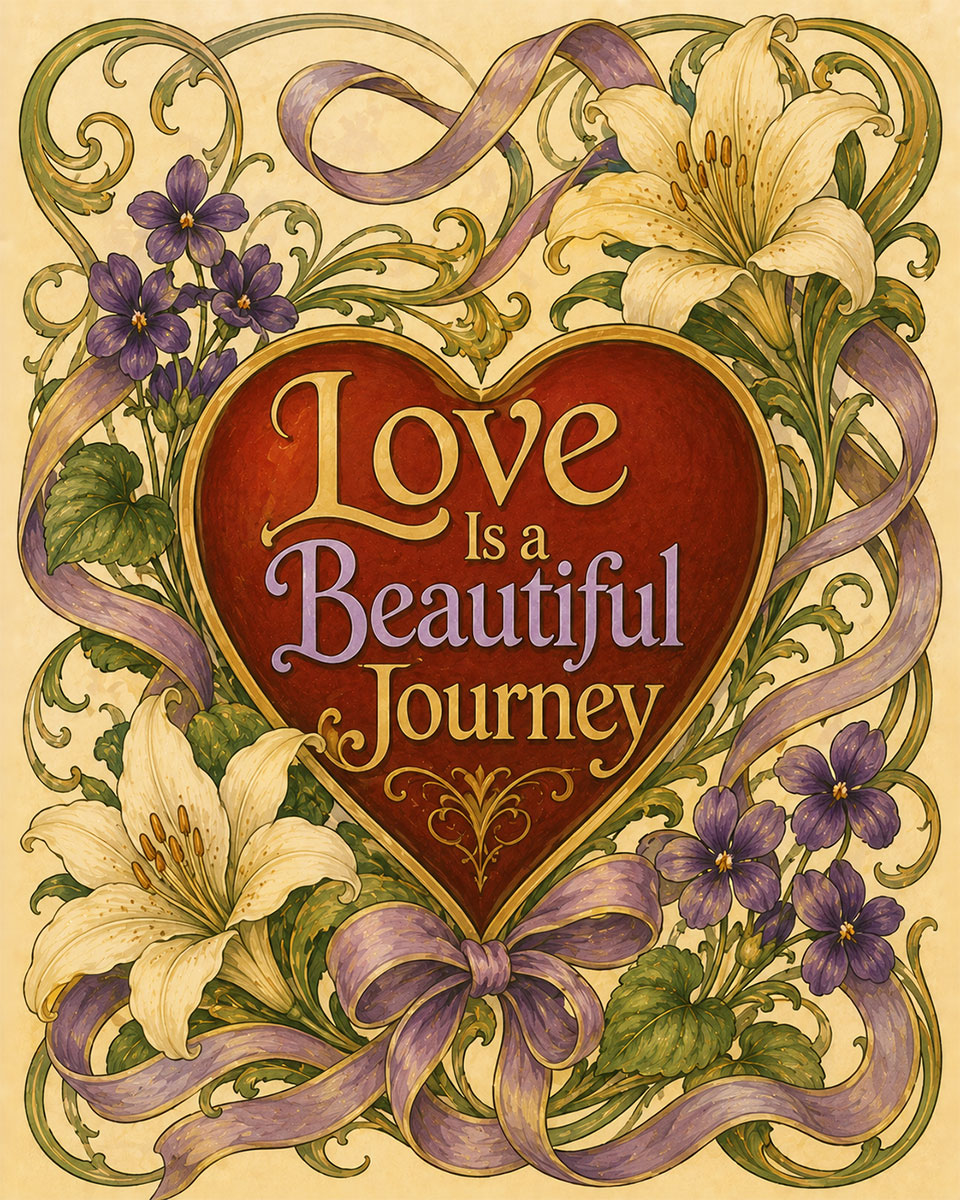 Vintage Art Nouveau Heart Wall Art Matted Art Print - Love Is a Beautiful Journey Romantic Decor