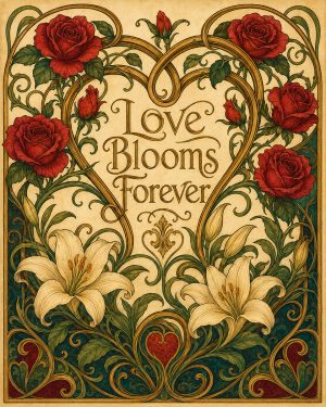 Vintage Art Nouveau Valentine Wall Art Matted Art Print - Love Blooms Forever Romantic Decor