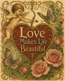 Vintage Art Nouveau Valentine Wall Art Matted Art Print - Love Makes Life Beautiful Romantic Decor
