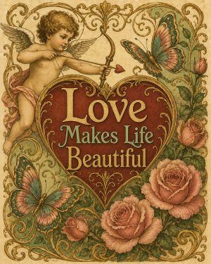 Vintage Art Nouveau Valentine Wall Art Matted Art Print - Love Makes Life Beautiful Romantic Decor
