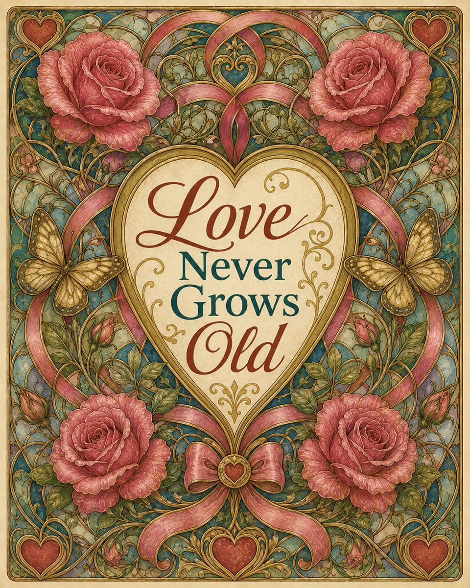 Vintage Art Nouveau Valentine Wall Art Matted Art Print - Love Never Grows Old Romantic Decor