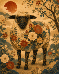 Vintage Byobu Screen Style Sheep with Mid Century Modern Asian Decor Elements - Matted Art Print