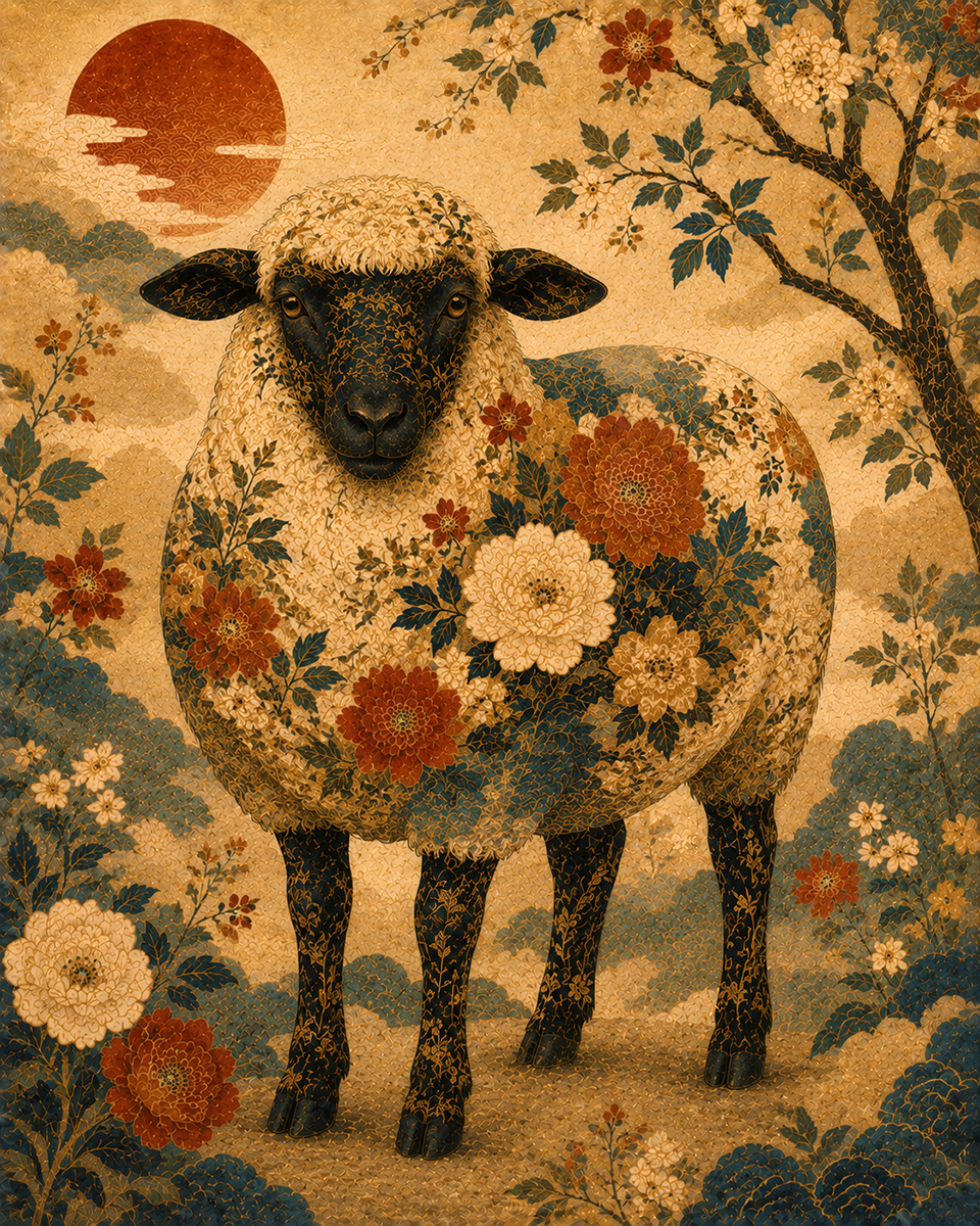 Vintage Byobu Screen Style Sheep with Mid Century Modern Asian Decor Elements - Matted Art Print