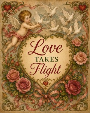 Vintage Cherub Valentine Wall Art Matted Art Print - Love Takes Flight Romantic Decor