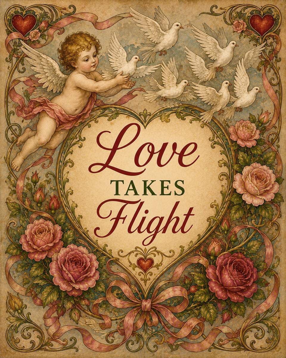 Vintage Cherub Valentine Wall Art Matted Art Print - Love Takes Flight Romantic Decor