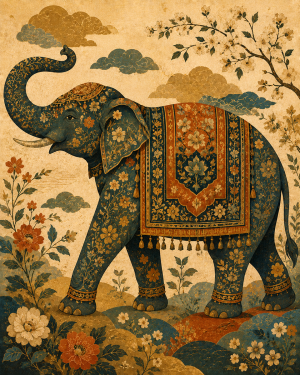 Vintage Chinoiserie Ornamental Elephant Fine Art Painting Featuring Heritage Accents and Elegant Traditional Patterns for Maximalist Living Room Walls - Matted Art Print