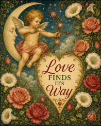 Vintage Cupid Valentine Wall Art Matted Art Print - Love Finds Its Way Romantic Decor