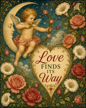 Vintage Cupid Valentine Wall Art Matted Art Print - Love Finds Its Way Romantic Decor
