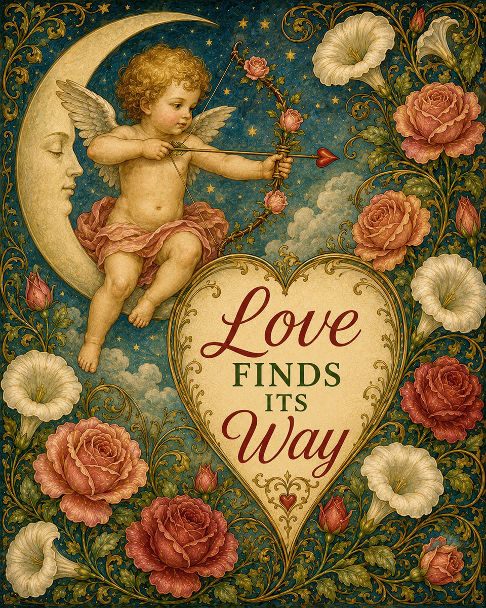 Vintage Cupid Valentine Wall Art Matted Art Print - Love Finds Its Way Romantic Decor