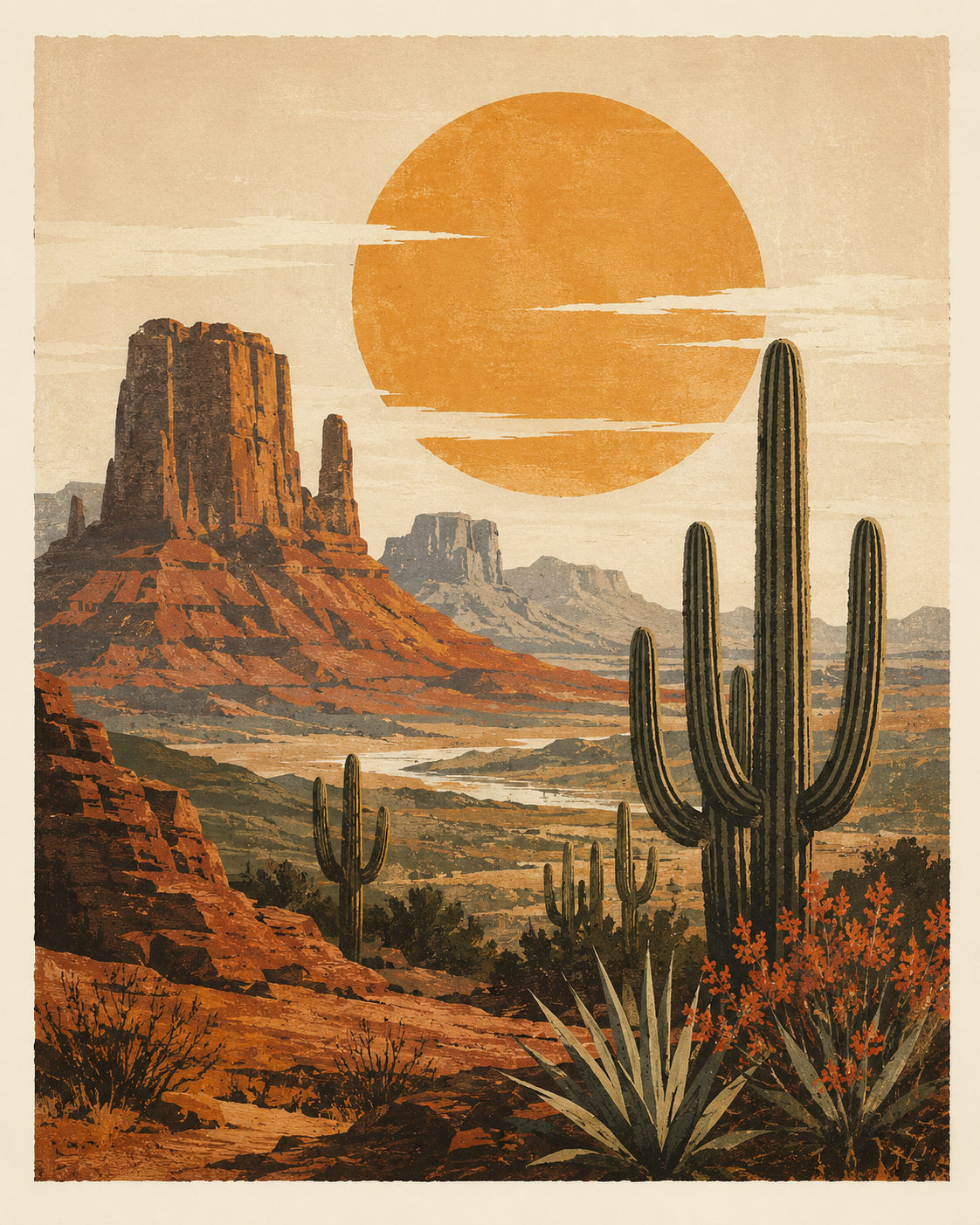 Vintage Desert Landscape Southwestern Matted Art Print - Wholesale Retail Decor