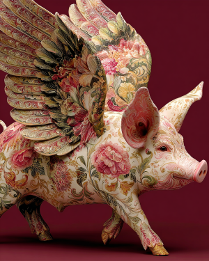 Vintage Nordic Painted Flying Pig Displaying Classic Hand Painted Floral Finishes - Matted Art Print