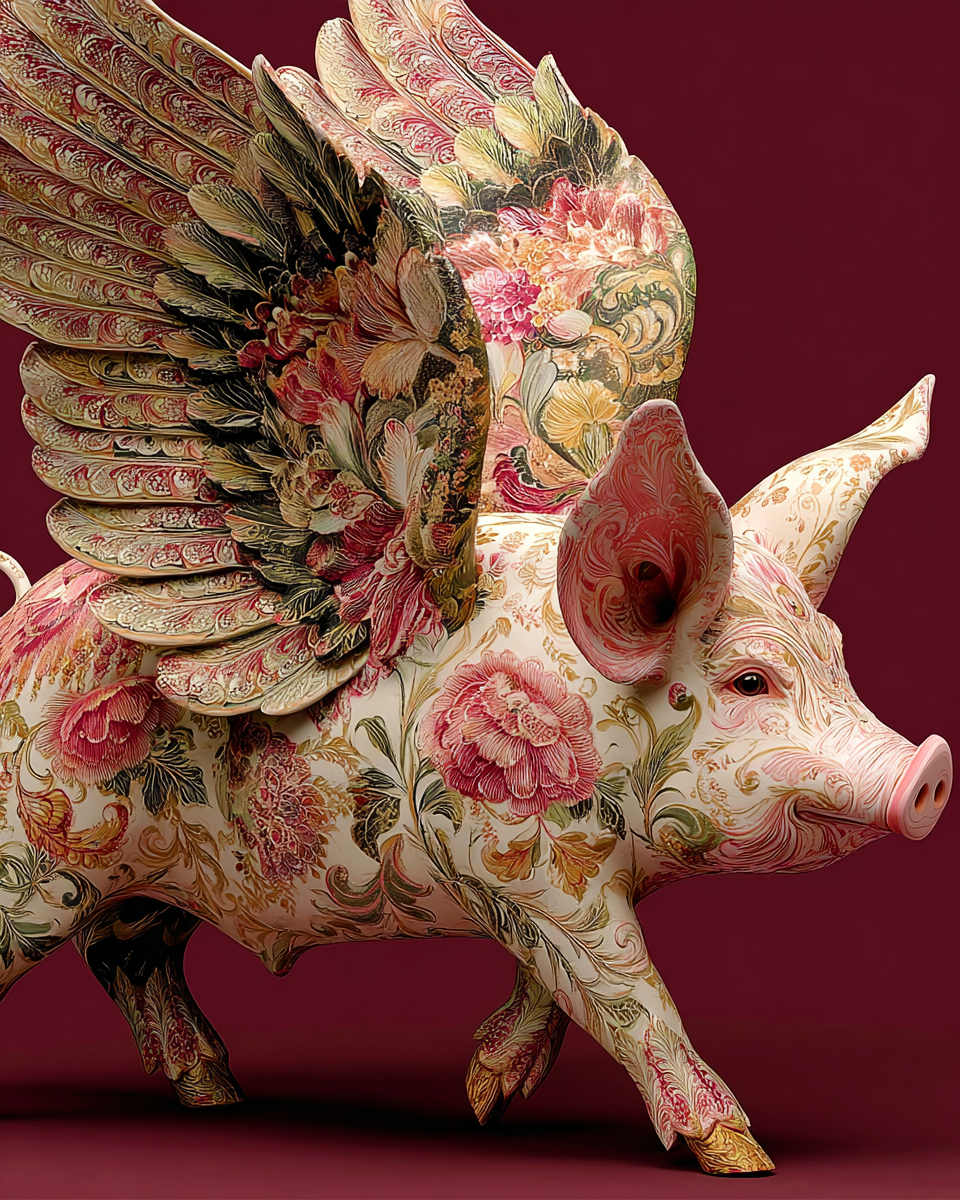 Vintage Nordic Painted Flying Pig Displaying Classic Hand Painted Floral Finishes - Matted Art Print