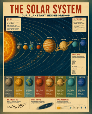 Vintage Science Classroom Chart Featuring the Solar System - Educational Infographic Matted Art Prints for Classrooms