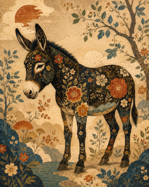 Vintage Silk Screen Style Decorative Donkey Canvas Art Print Displaying Intricate Vine Patterns and Traditional Oriental Folk Lore Art - Matted Art Print