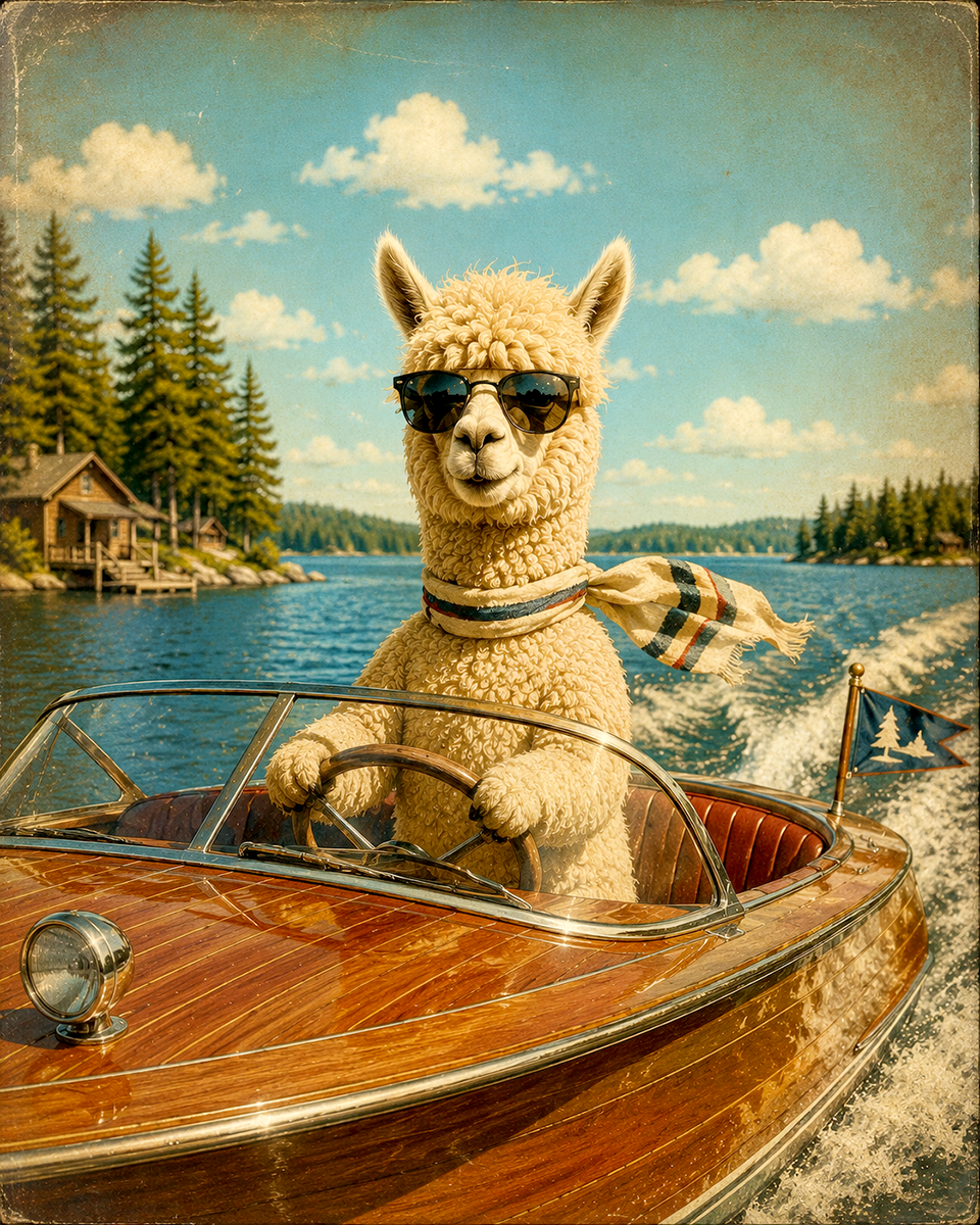 Vintage Style Alpaca Driving Classic Wooden Speedboat Matted Print - Wholesale Lake Resort Souvenir