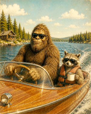 Vintage-Style-Bigfoot-and-Raccoon-Sharing-a-Wooden-Boat-Matted-Art-PrintQQWholesale-Cryptid-&-Wildlife-Art.png