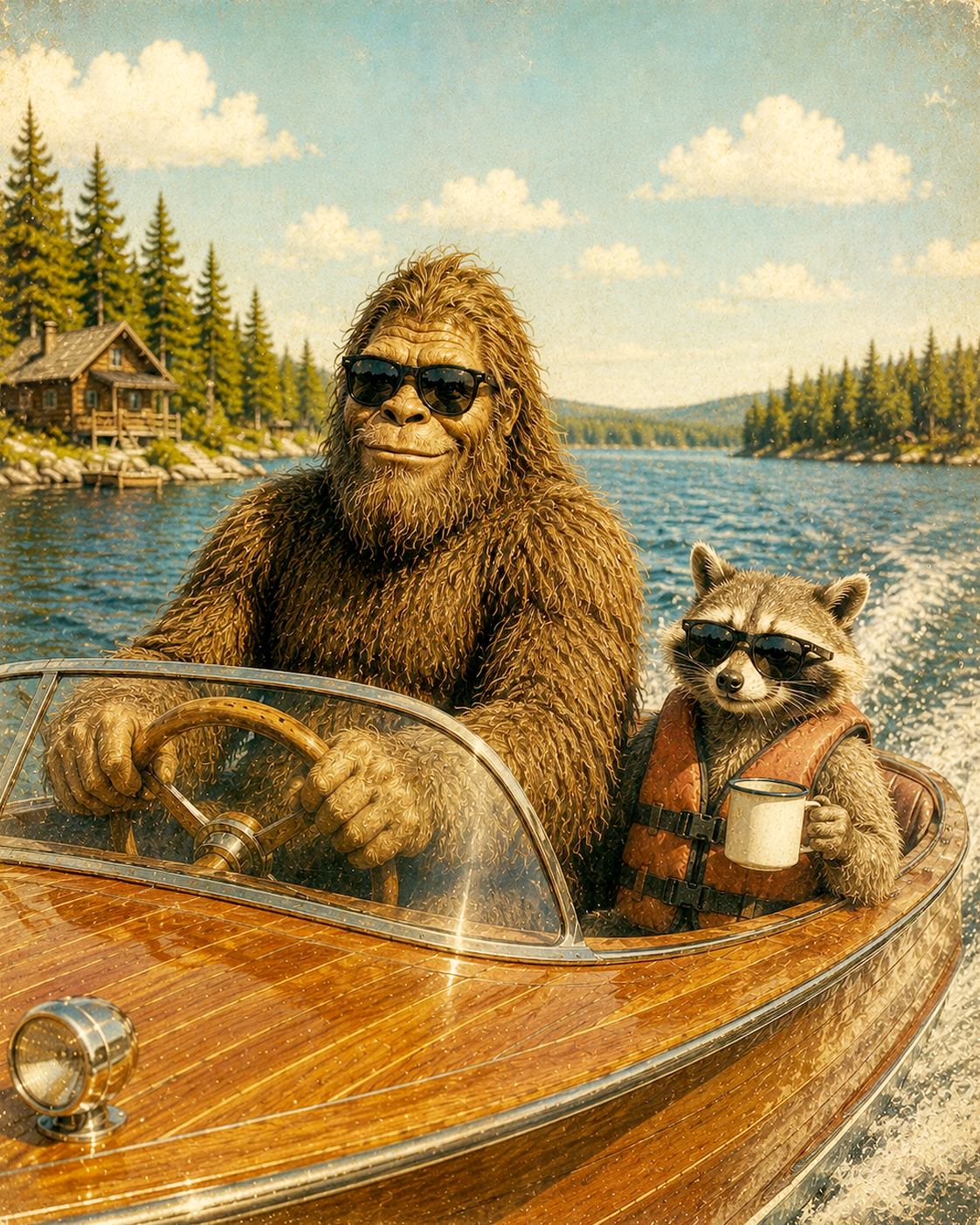 Vintage Style Bigfoot and Raccoon Sharing a Wooden Boat Matted Art Print - Wholesale Cryptid & Wildlife Art