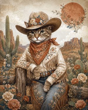 Vintage Style Desert Cowgirl Kitty Southwest Matted Art Print