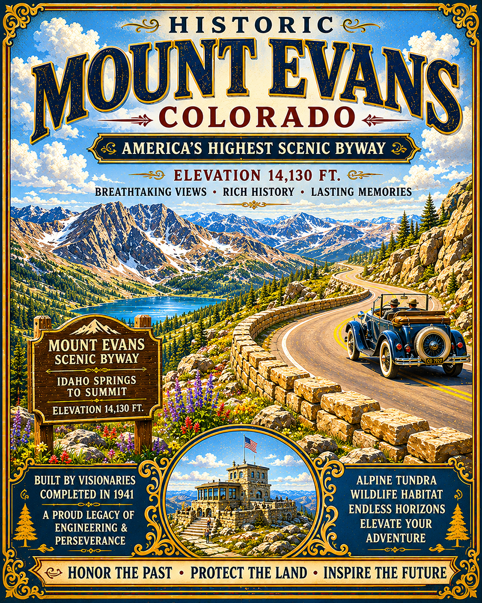 Vintage Style Mount Evans Colorado Travel Matted Art Print - Retro Rocky Mountain Wholesale Decor