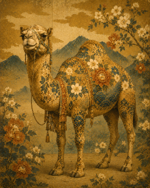 Vintage Tole Painted Decorative Camel Honoring Traditional American Japandi Techniques - Matted Art Print