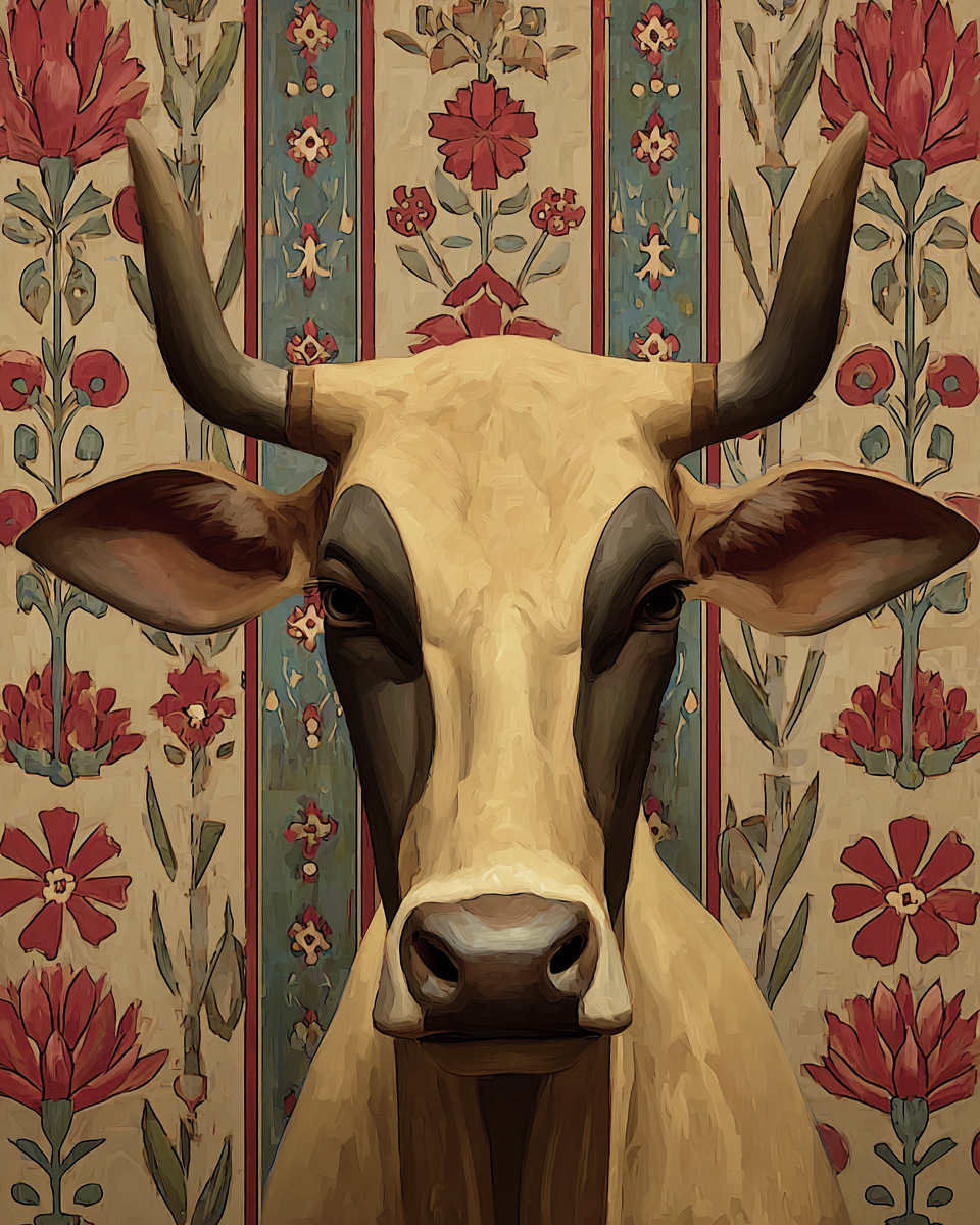 Vintage Toleware Style Stylized Cow - Matted Art Print