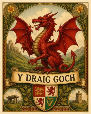 Vintage Welsh Red Dragon Emblem with - Y DRAIG GOCH - Banner Matted Print